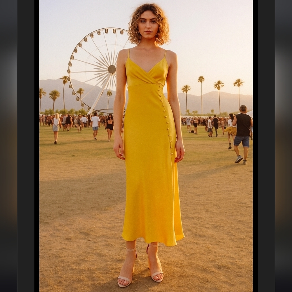 Zara Buttoned Yellow Fairy Slip Dress Size Small●